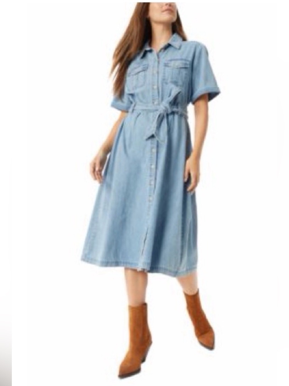 Sam Edelman Denim Midi Dress Button Front Tie Waist Short Sleeve Size 8